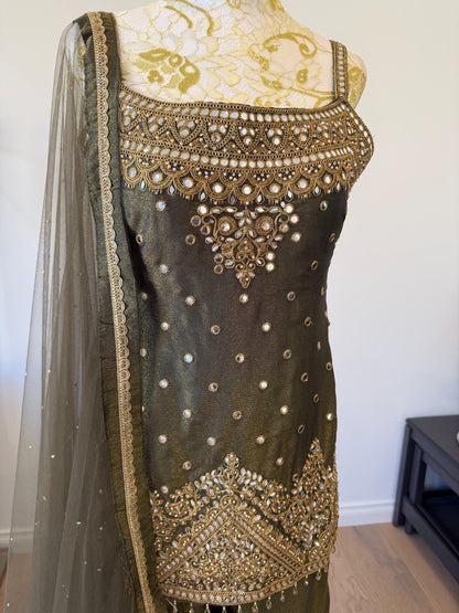 Olive Green Tissue Shimmer Palazzo Suit