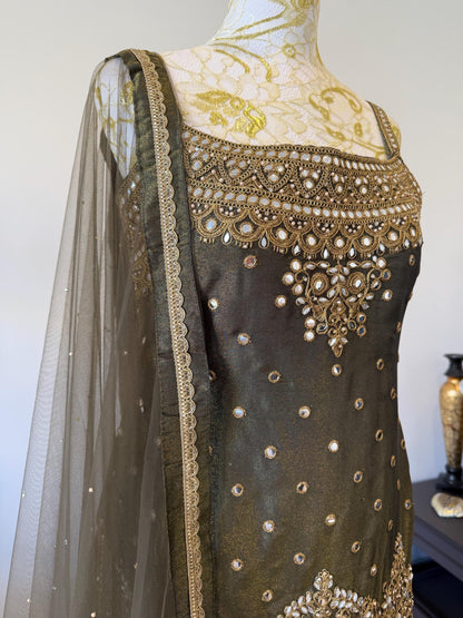 Olive Green Tissue Shimmer Palazzo Suit