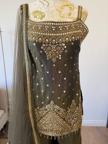 Olive Green Tissue Shimmer Palazzo Suit
