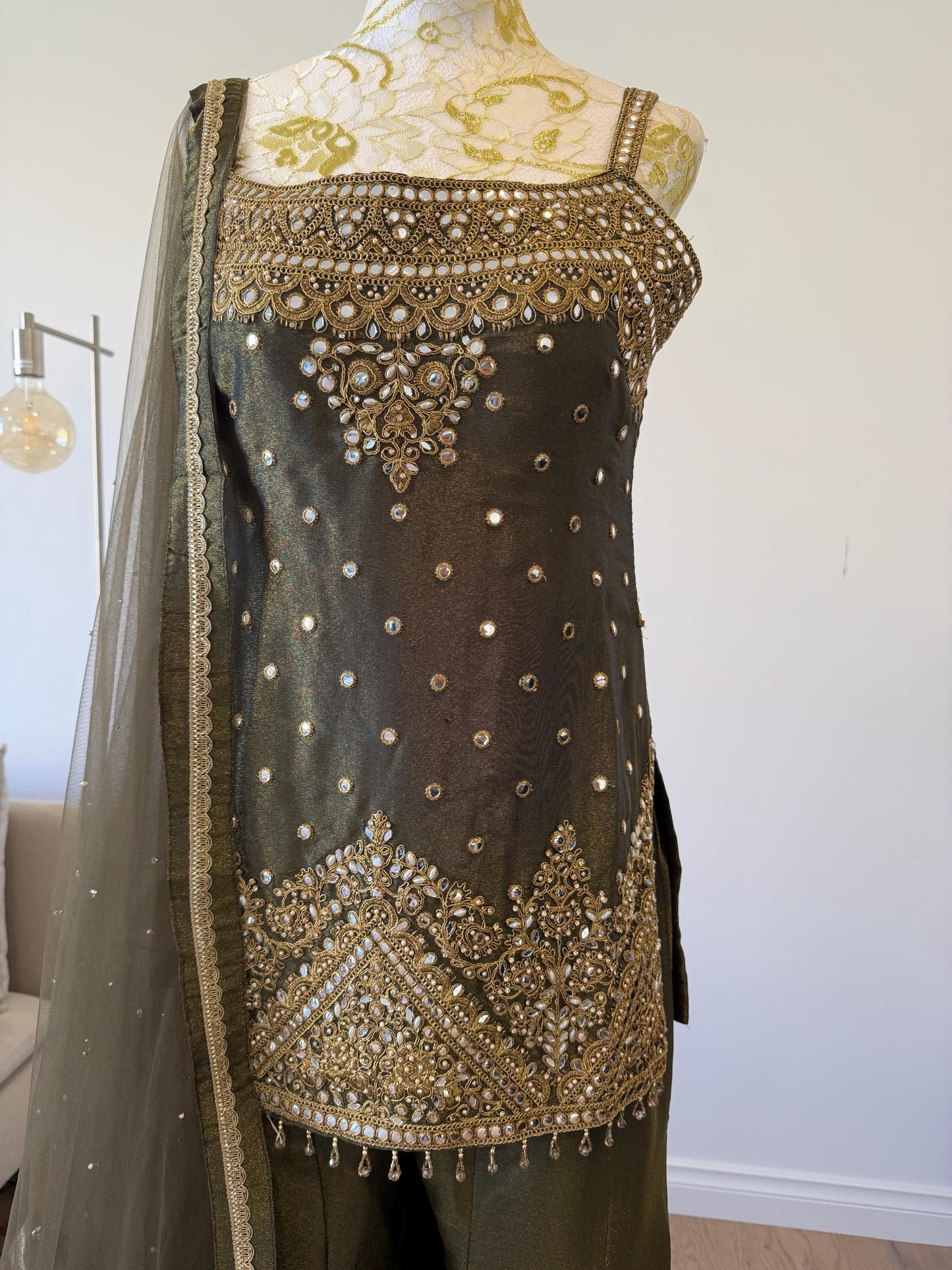 Olive Green Tissue Shimmer Palazzo Suit