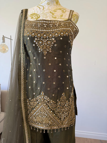 Olive Green Tissue Shimmer Palazzo Suit