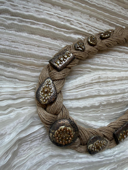 Boho Jute Statement Necklace with Antique Metal & Pearl Accents | Tribal Ethnic Jewelry