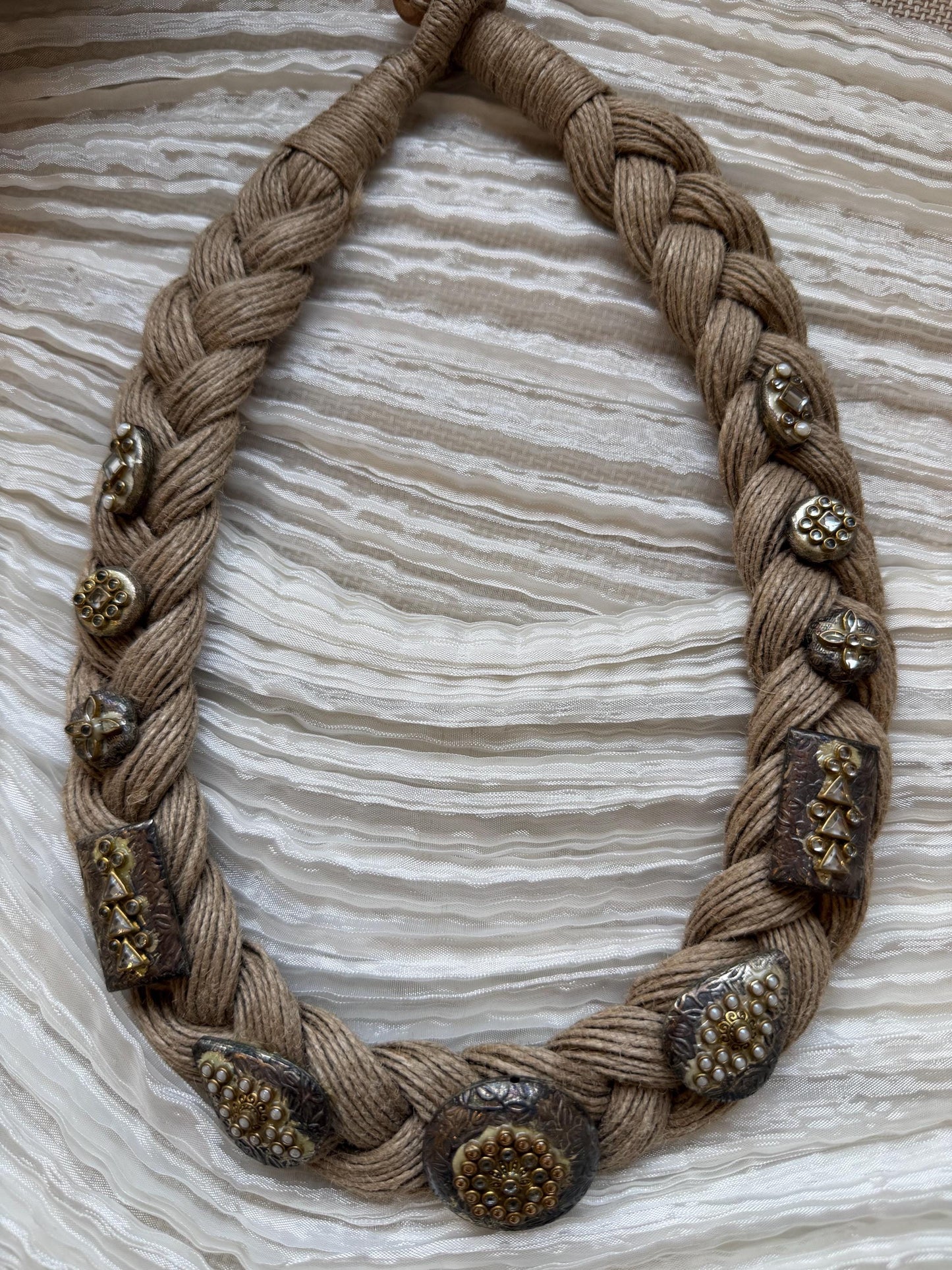 Boho Jute Statement Necklace with Antique Metal & Pearl Accents | Tribal Ethnic Jewelry