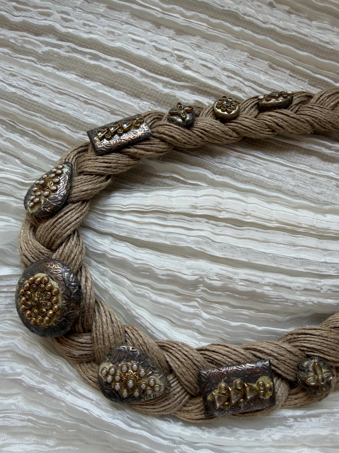 Boho Jute Statement Necklace with Antique Metal & Pearl Accents | Tribal Ethnic Jewelry