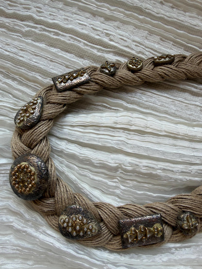 Boho Jute Statement Necklace with Antique Metal & Pearl Accents | Tribal Ethnic Jewelry