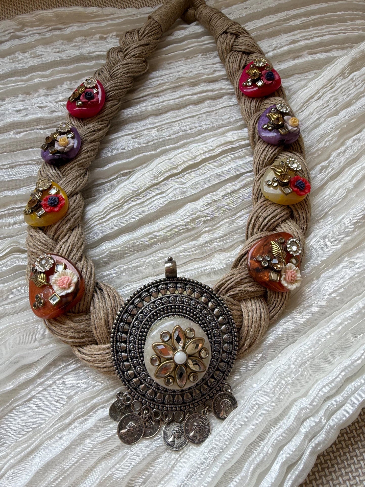 Boho Jute Statement Necklace with Antique Metal & Pearl Accents | Tribal Ethnic Jewelry