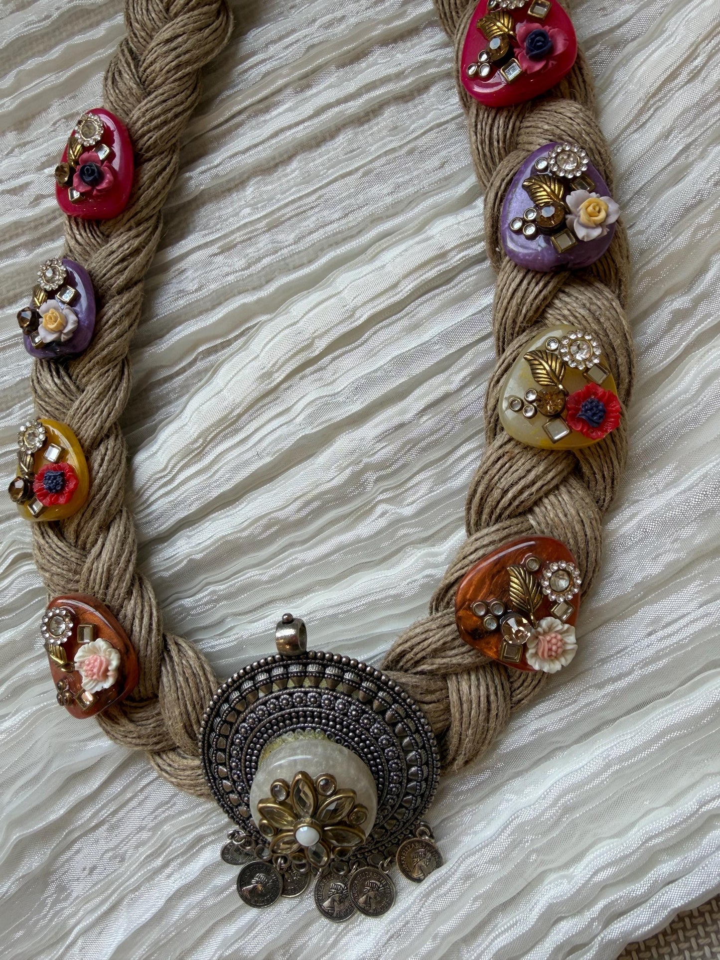Boho Jute Statement Necklace with Antique Metal & Pearl Accents | Tribal Ethnic Jewelry