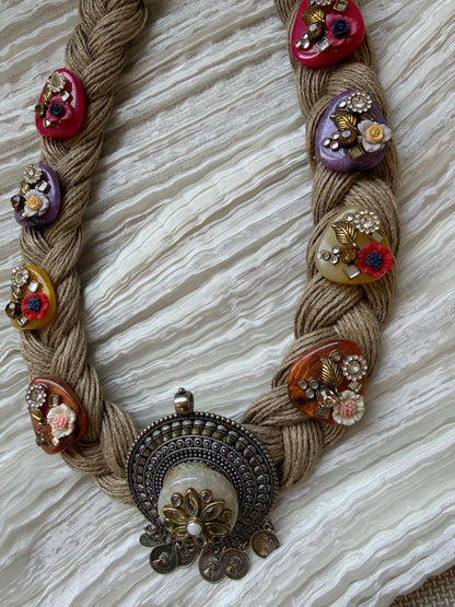 Boho Jute Statement Necklace with Antique Metal & Pearl Accents | Tribal Ethnic Jewelry