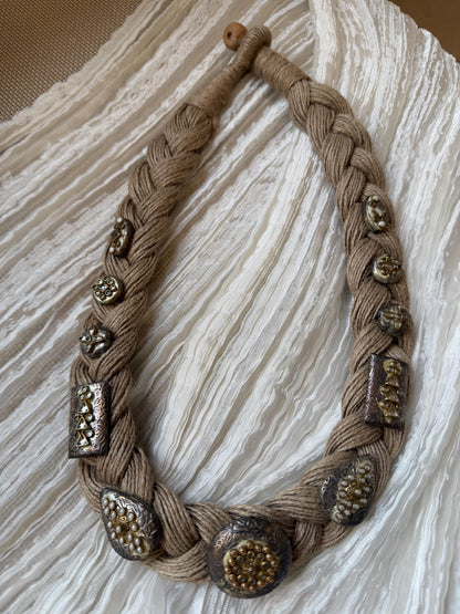 Boho Jute Statement Necklace with Antique Metal & Pearl Accents | Tribal Ethnic Jewelry
