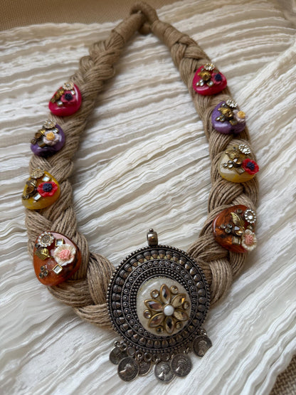 Boho Jute Statement Necklace with Antique Metal & Pearl Accents | Tribal Ethnic Jewelry