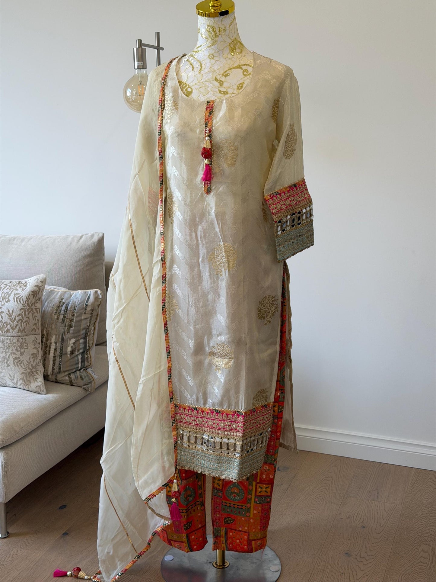 Elegant Cream Tissue Silk Suit Set with Brocade Pants & Organza Dupatta