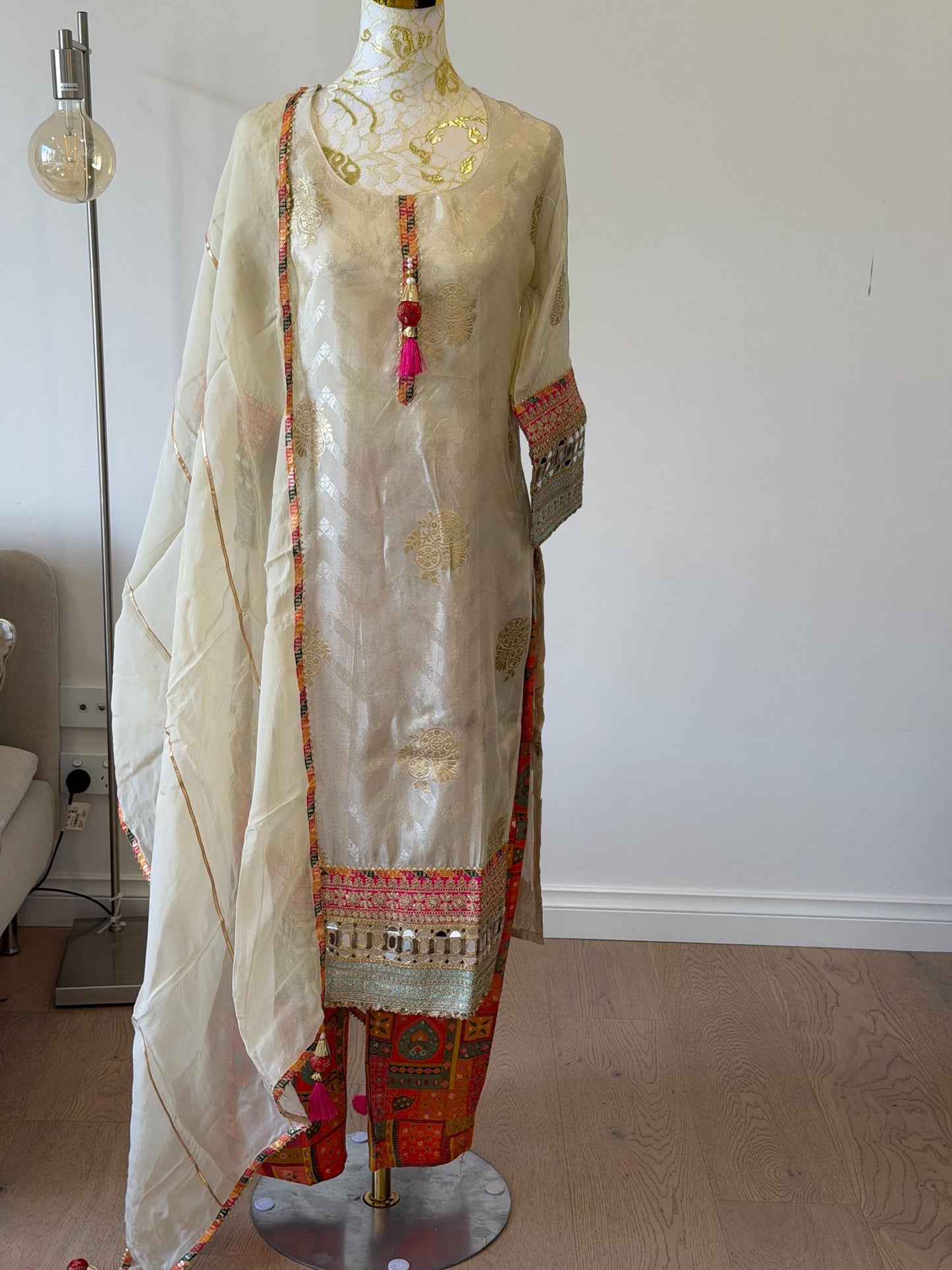 Elegant Cream Tissue Silk Suit Set with Brocade Pants & Organza Dupatta