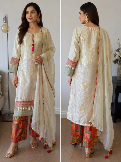 Elegant Cream Tissue Silk Suit Set with Brocade Pants & Organza Dupatta