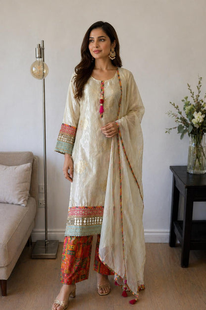 Elegant Cream Tissue Silk Suit Set with Brocade Pants & Organza Dupatta