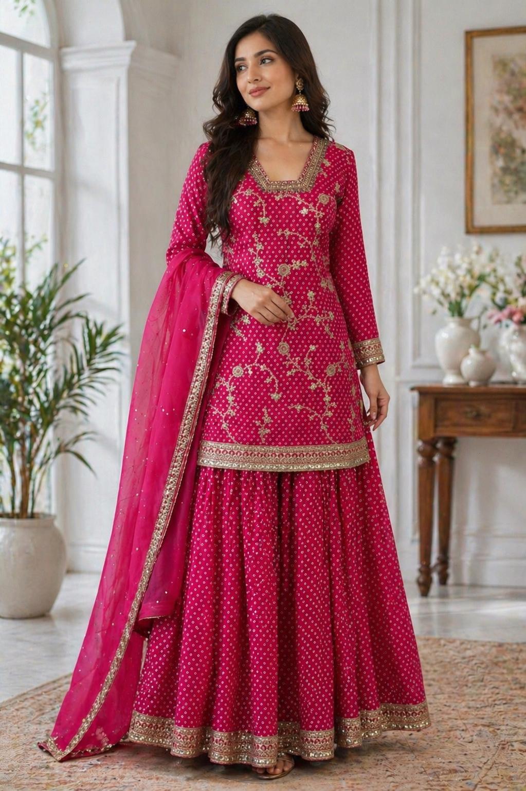 Fuchsia Pink Embroidered Crape Suit Organza Dupatta- xxl (42-44)