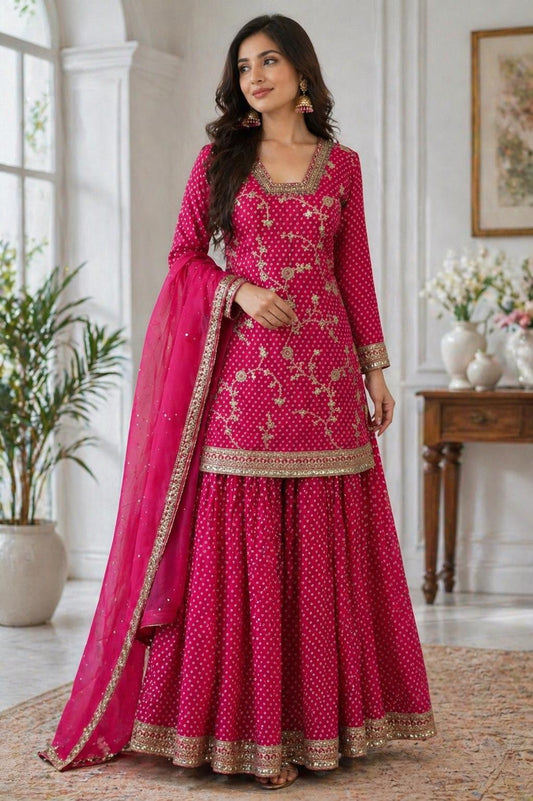 Fuchsia Pink Embroidered Crape Suit Organza Dupatta- xxl (42-44)