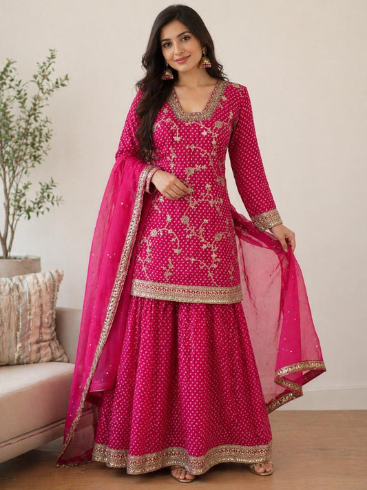 Fuchsia Pink Embroidered Crape Suit Organza Dupatta- xxl (42-44)