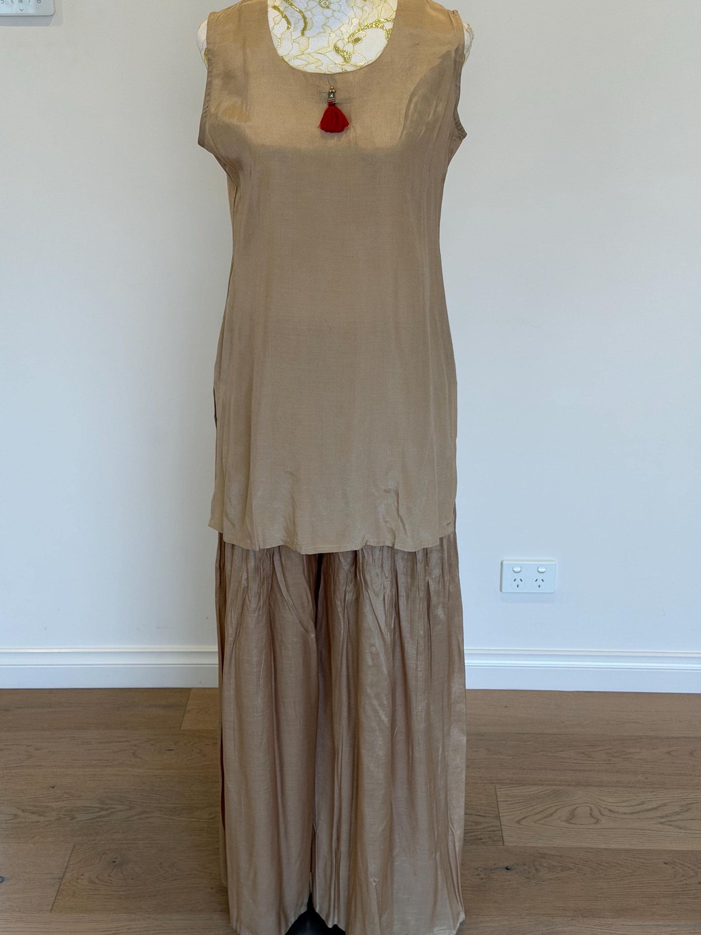 Beige Co-Ord Set with Printed Tassel Cape