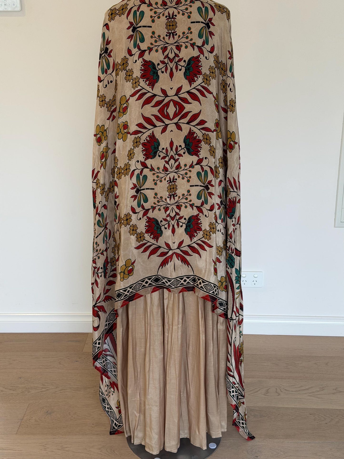 Beige Co-Ord Set with Printed Tassel Cape
