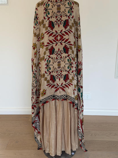 Beige Co-Ord Set with Printed Tassel Cape