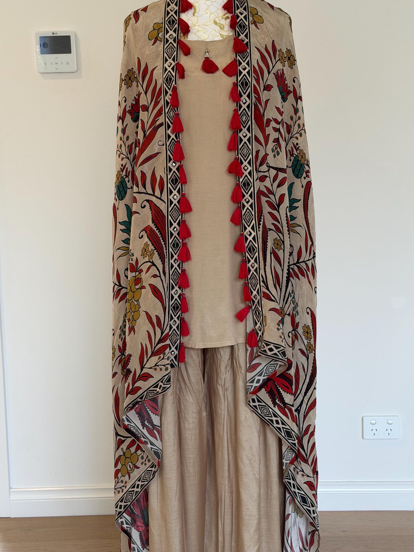 Beige Co-Ord Set with Printed Tassel Cape