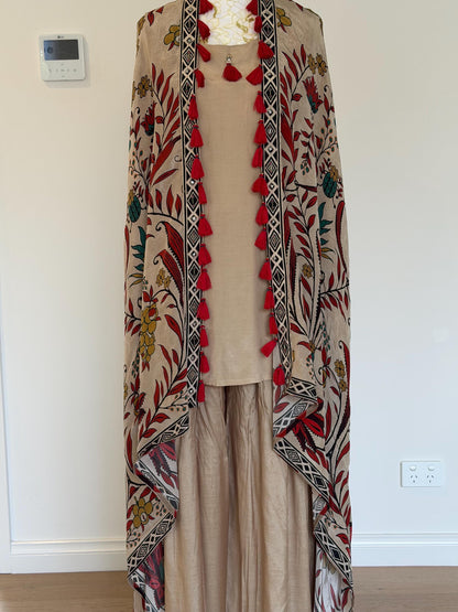 Beige Co-Ord Set with Printed Tassel Cape