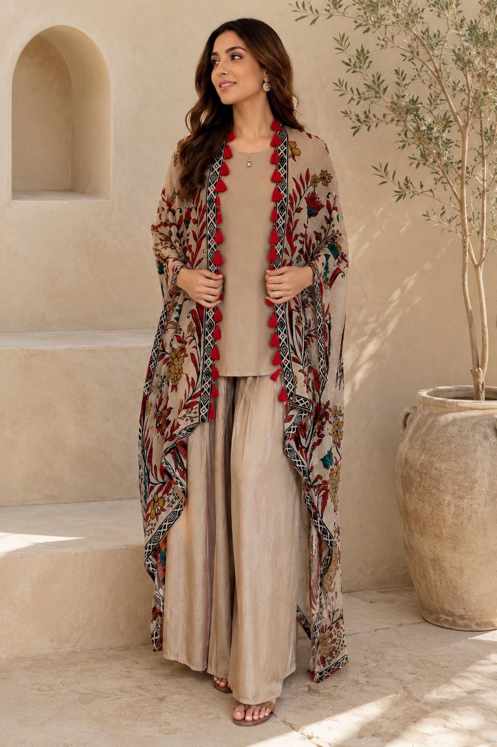 Beige Co-Ord Set with Printed Tassel Cape