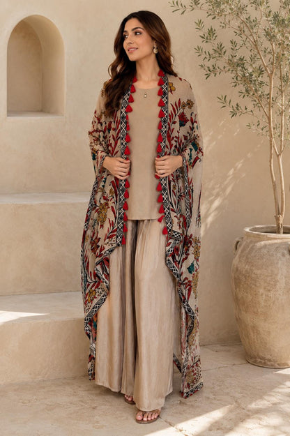 Beige Co-Ord Set with Printed Tassel Cape