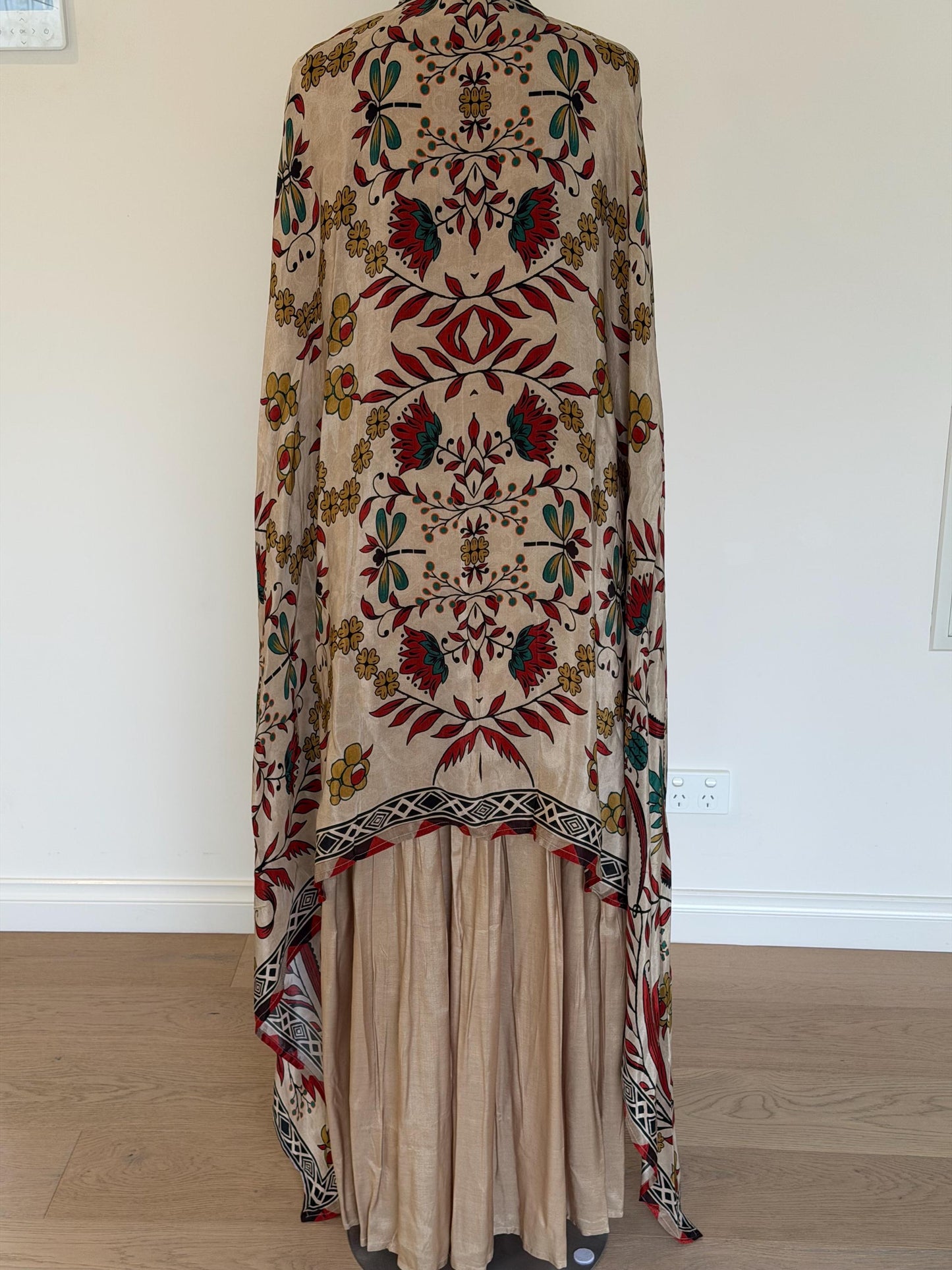 Beige Co-Ord Set with Printed Tassel Cape