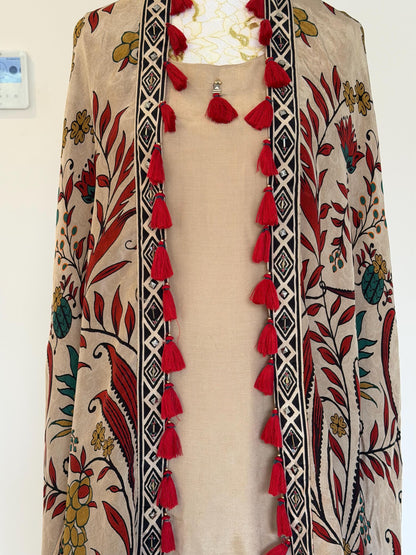 Beige Co-Ord Set with Printed Tassel Cape