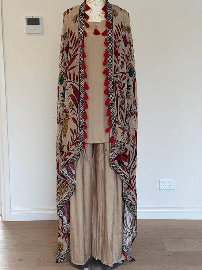 Beige Co-Ord Set with Printed Tassel Cape