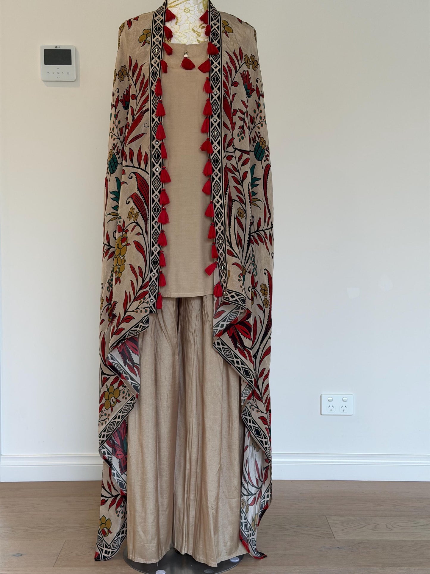 Beige Co-Ord Set with Printed Tassel Cape
