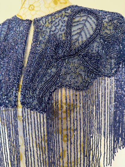 Greyish Blue Beaded Fringe Capelet | Vintage Inspired Statement Evening Cover Up