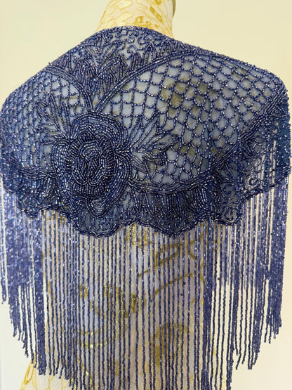 Greyish Blue Beaded Fringe Capelet | Vintage Inspired Statement Evening Cover Up