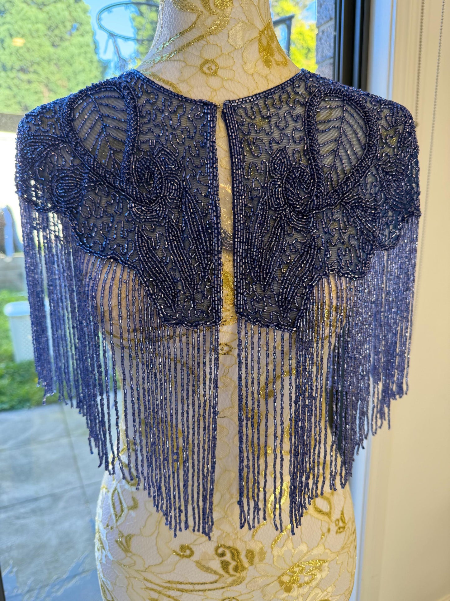 Greyish Blue Beaded Fringe Capelet | Vintage Inspired Statement Evening Cover Up