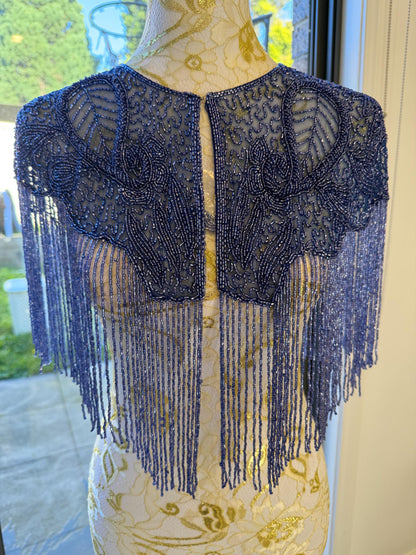 Greyish Blue Beaded Fringe Capelet | Vintage Inspired Statement Evening Cover Up
