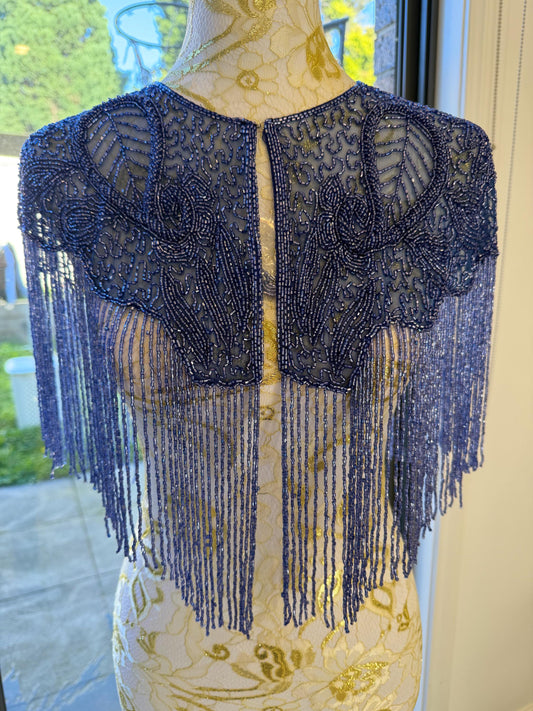 Greyish Blue Beaded Fringe Capelet | Vintage Inspired Statement Evening Cover Up