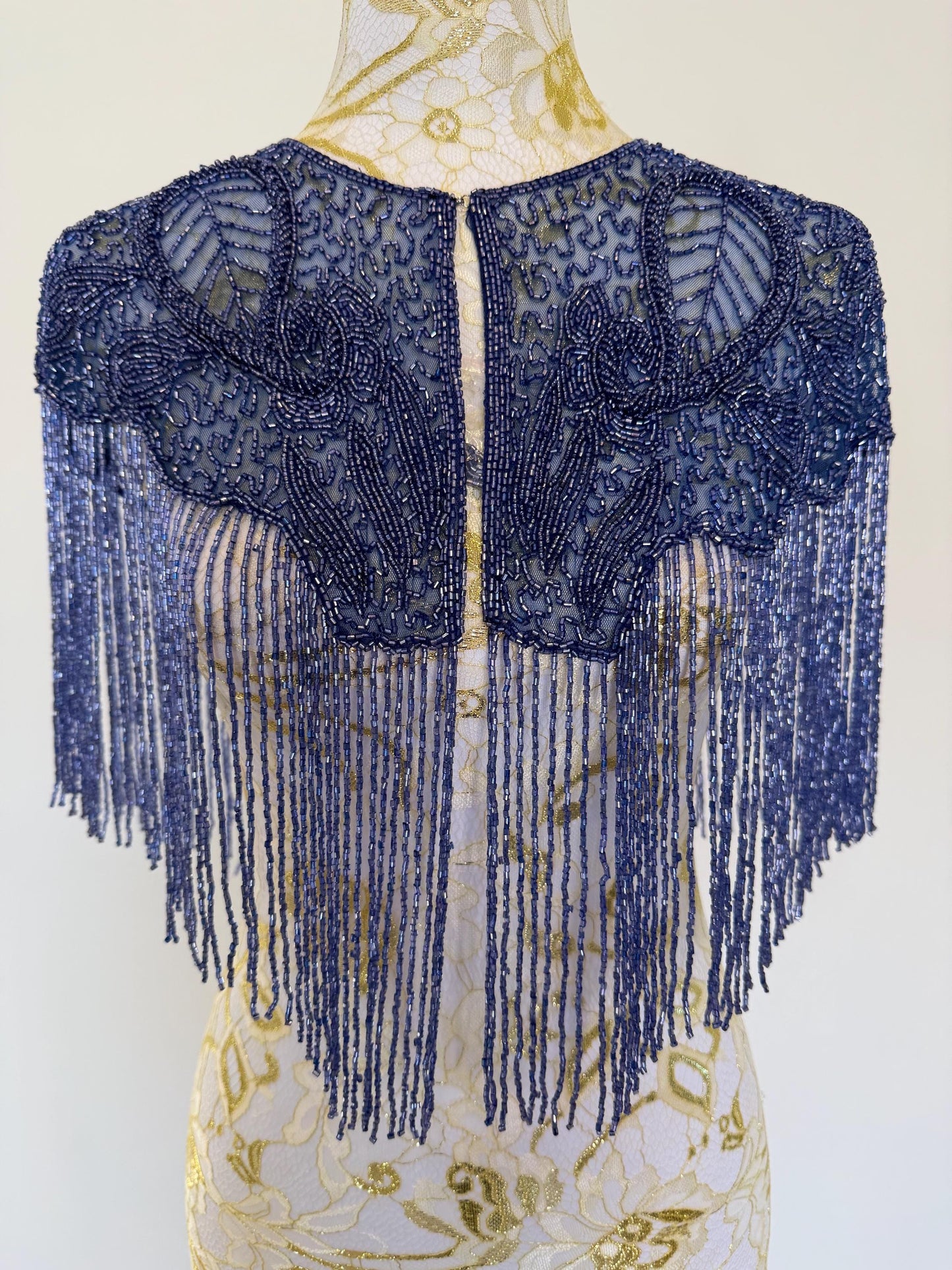 Greyish Blue Beaded Fringe Capelet | Vintage Inspired Statement Evening Cover Up