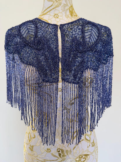 Greyish Blue Beaded Fringe Capelet | Vintage Inspired Statement Evening Cover Up