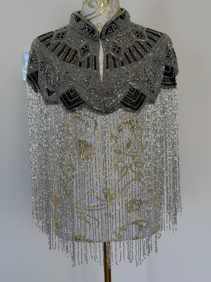 Silver Black Beaded Fringe Capelet