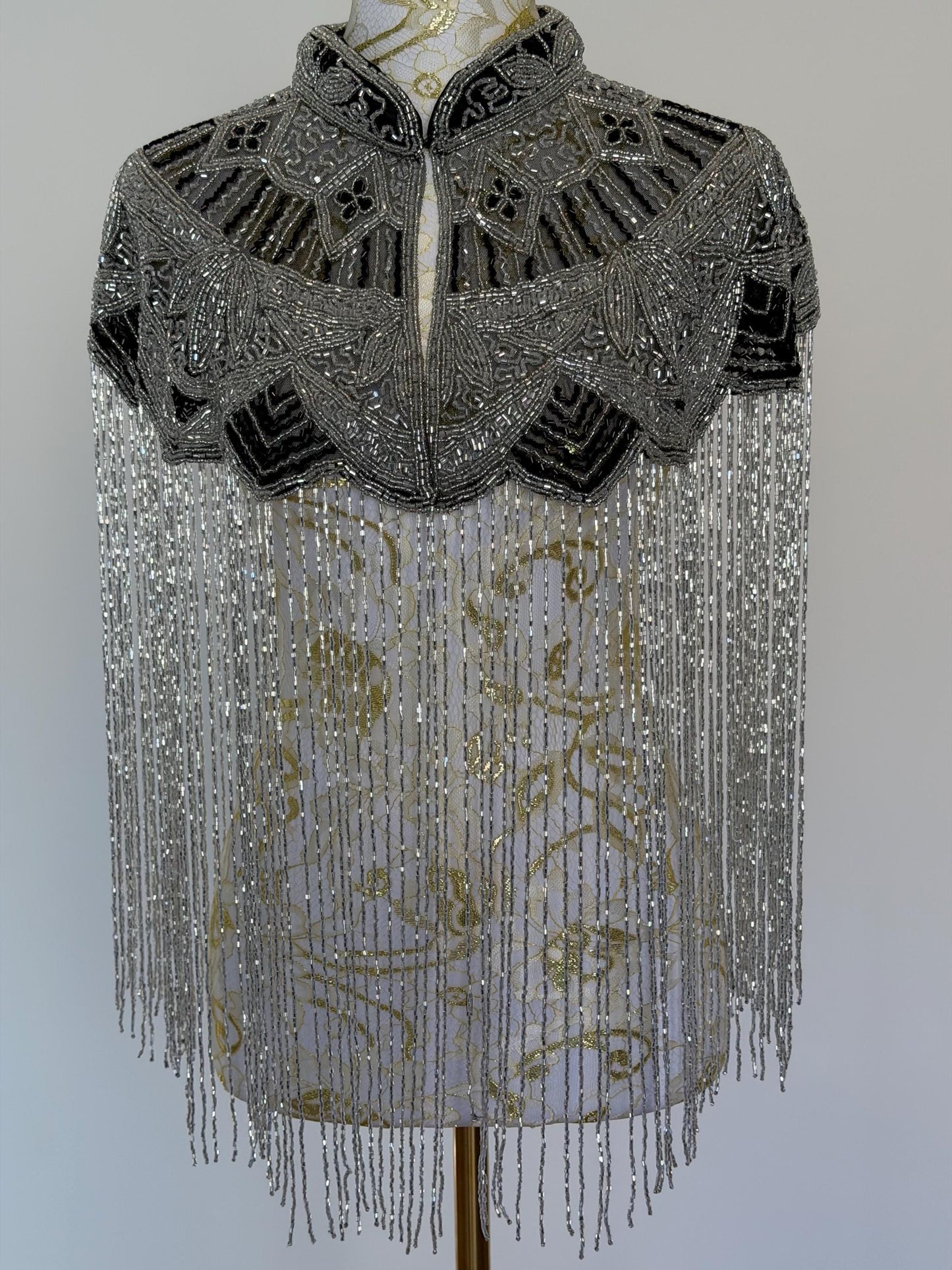 Silver Black Beaded Fringe Capelet
