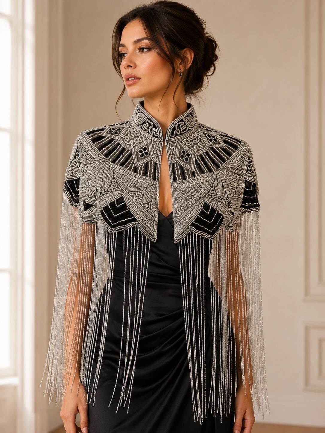 Silver Black Beaded Fringe Capelet