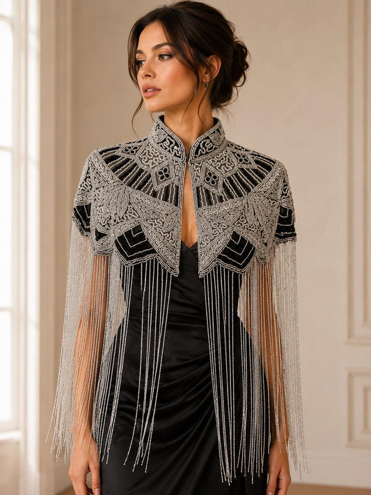 Silver Black Beaded Fringe Capelet