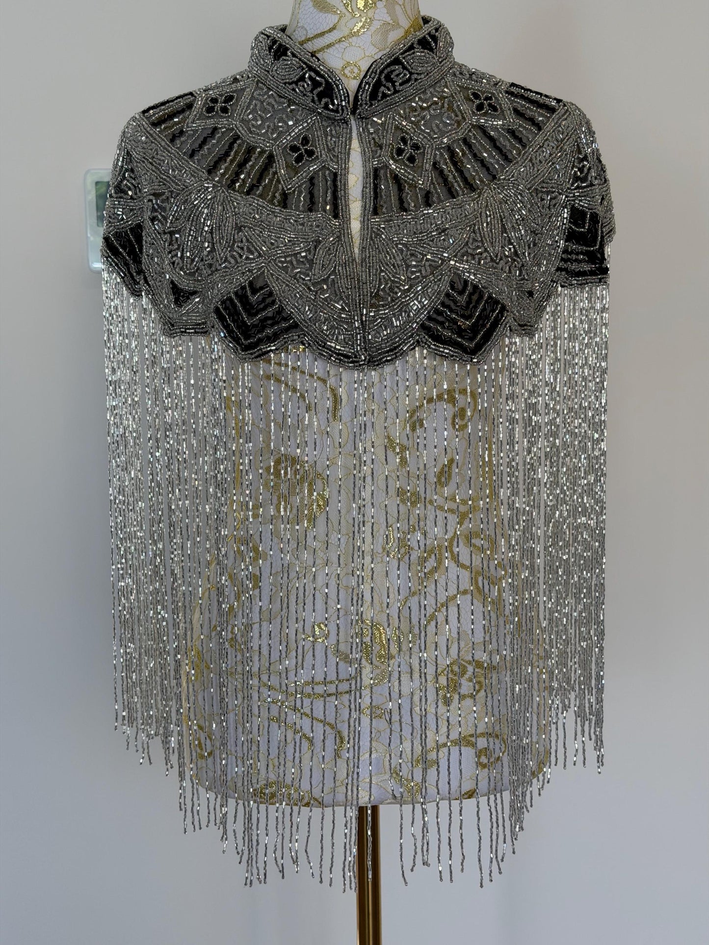 Silver Black Beaded Fringe Capelet