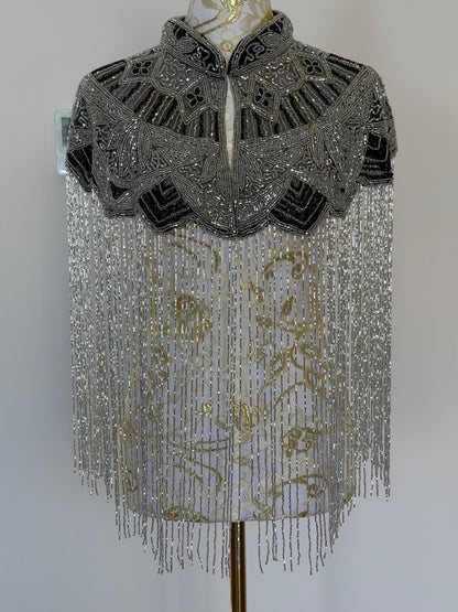Silver Black Beaded Fringe Capelet