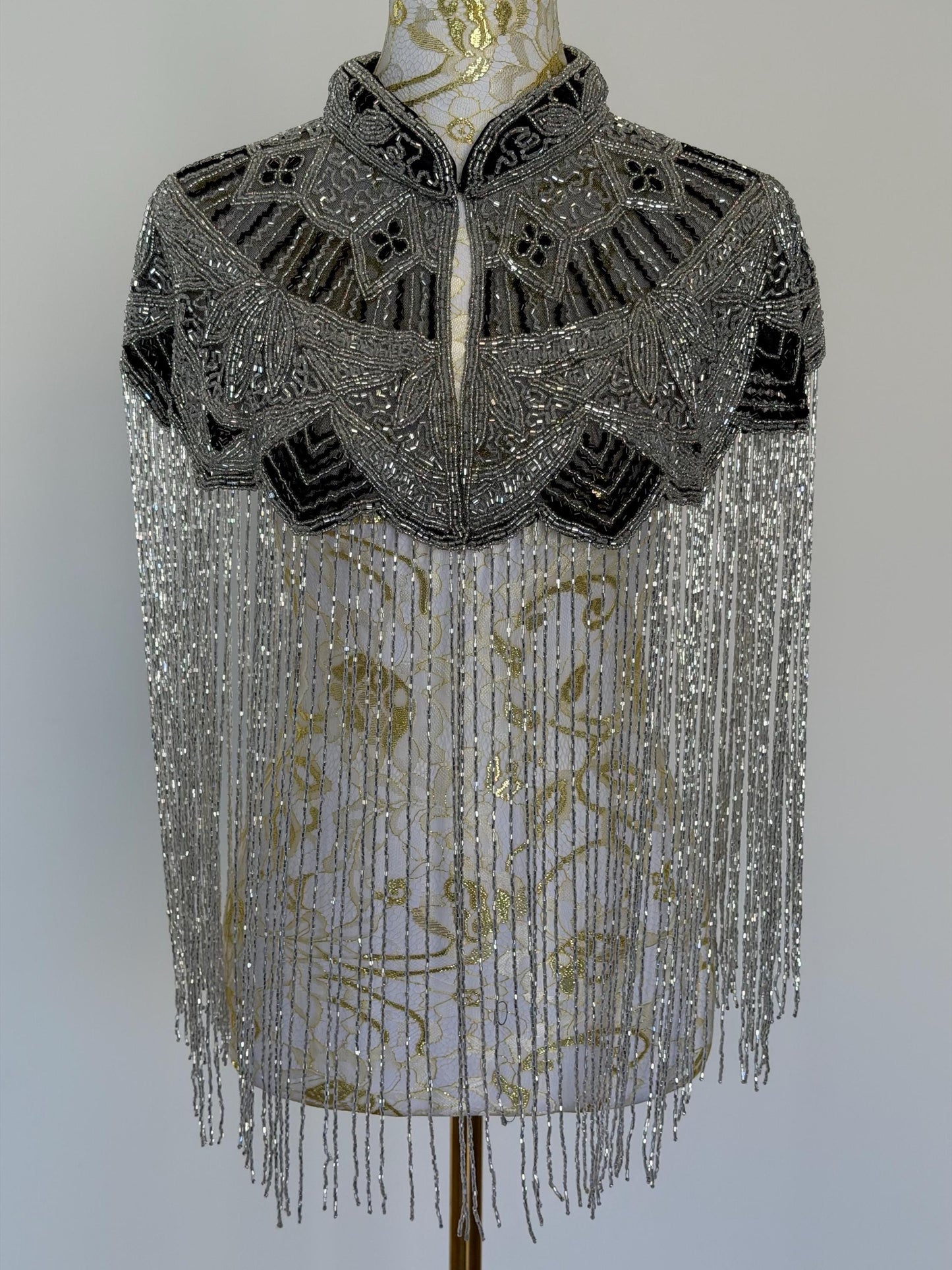 Silver Black Beaded Fringe Capelet