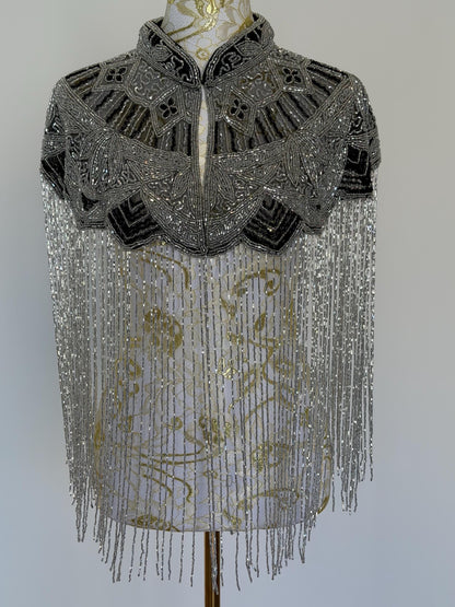 Silver Black Beaded Fringe Capelet