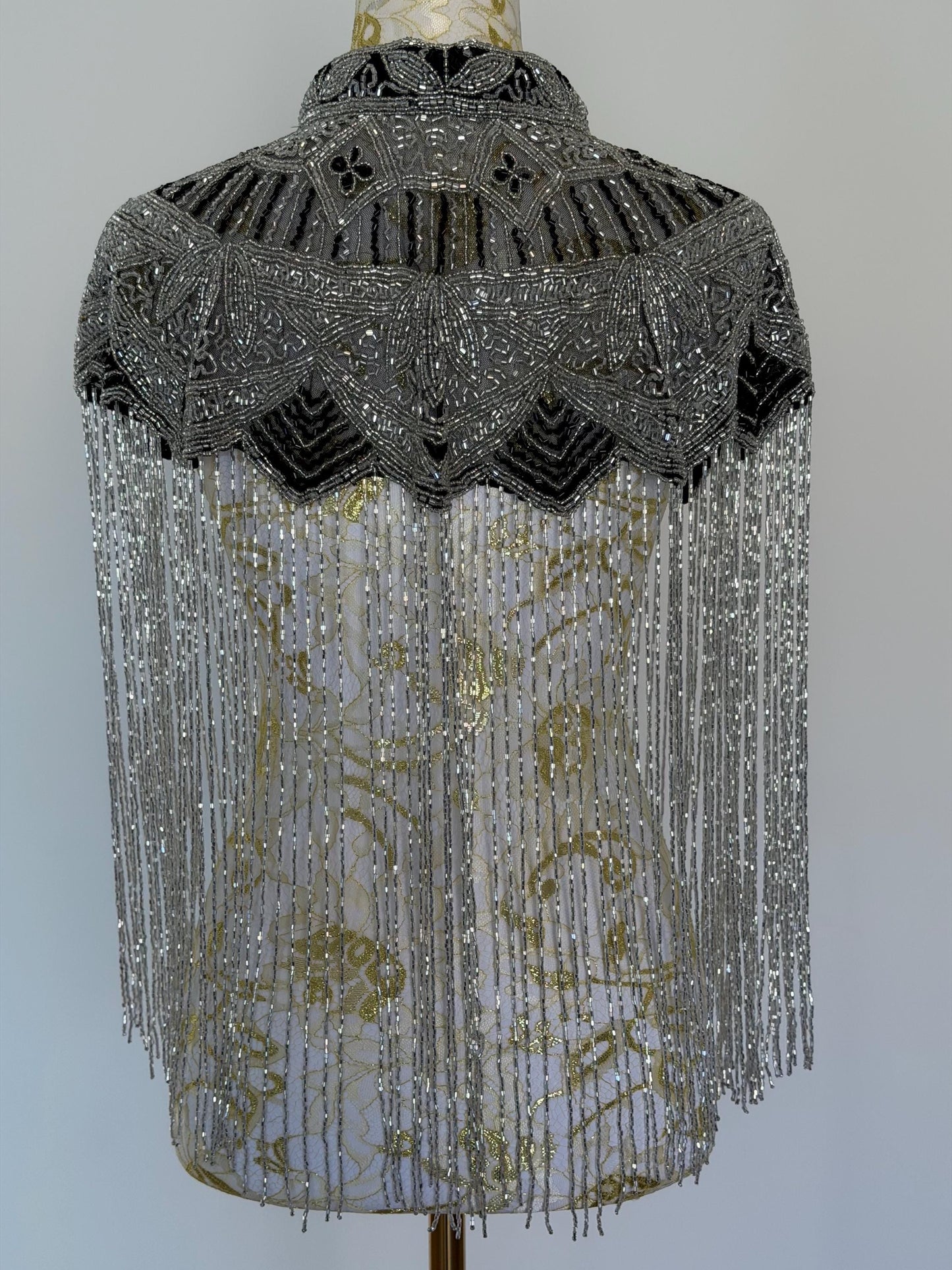 Silver Black Beaded Fringe Capelet