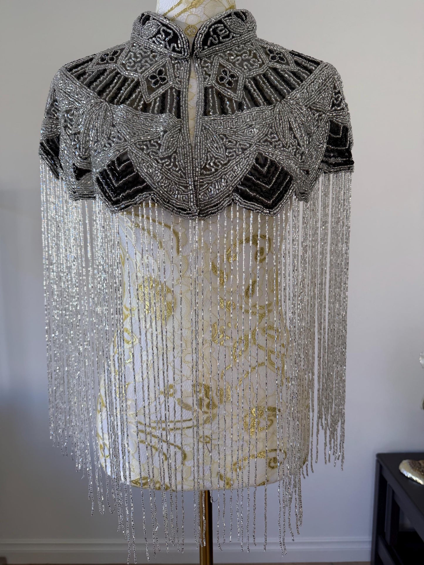 Silver Black Beaded Fringe Capelet