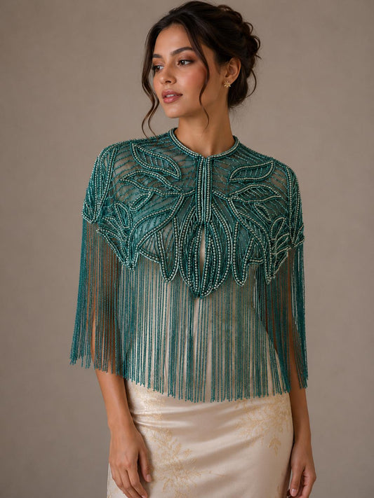 Emerald Teal Beaded Fringe Capelet
